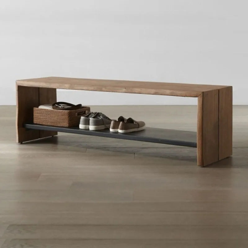 Nordic Modern Solid Wood Entryway Bench – Double-Layer Shoe Rack Storage Bench