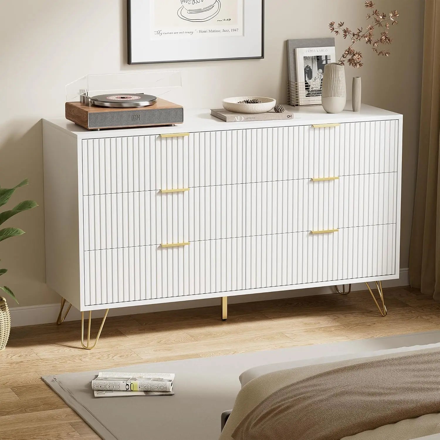 White Modern Dresser with Gold Handles, 47.2'W
