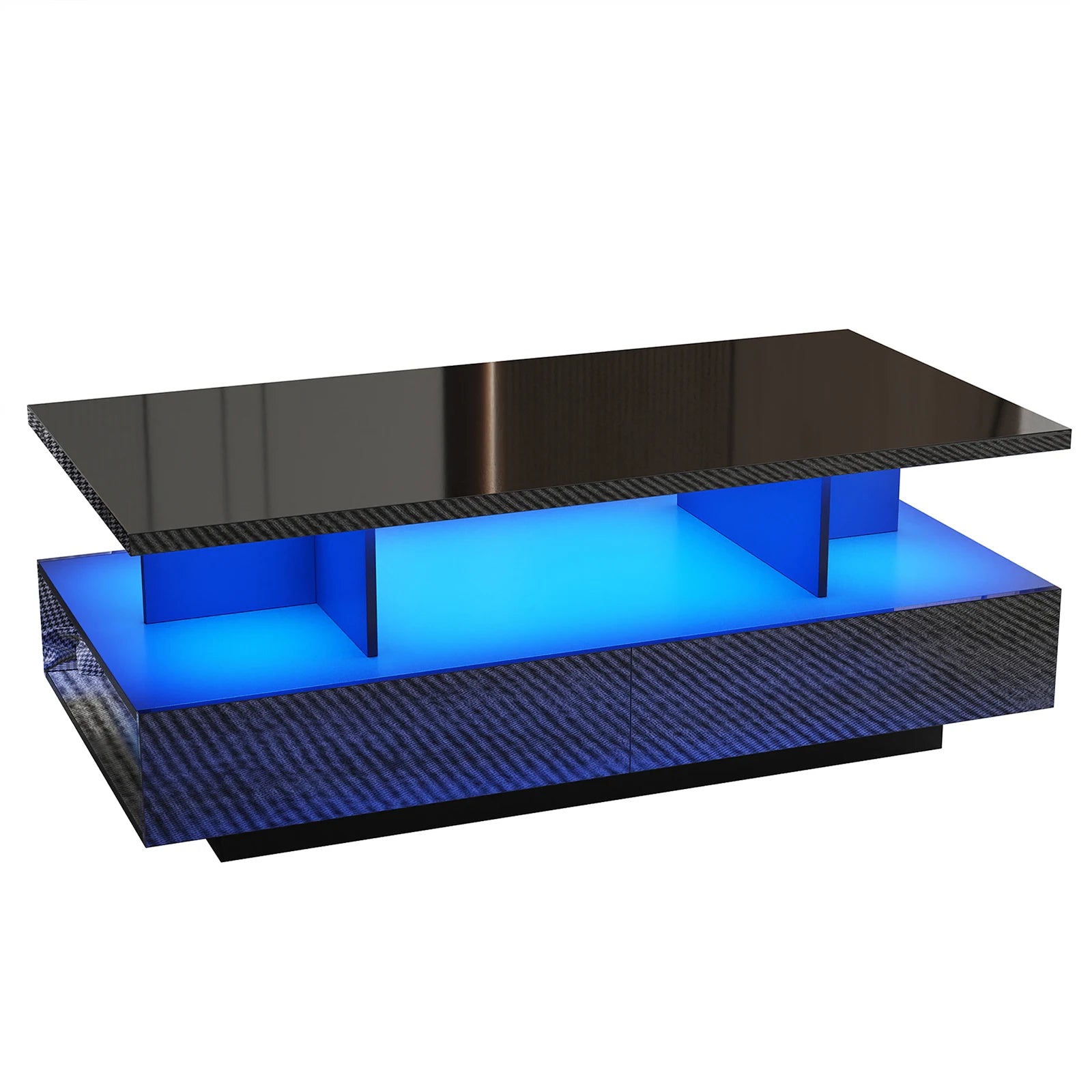 43” LED Coffee Table – Modern High-Gloss Rectangular Center Table with 2 Drawers & Display Shelf