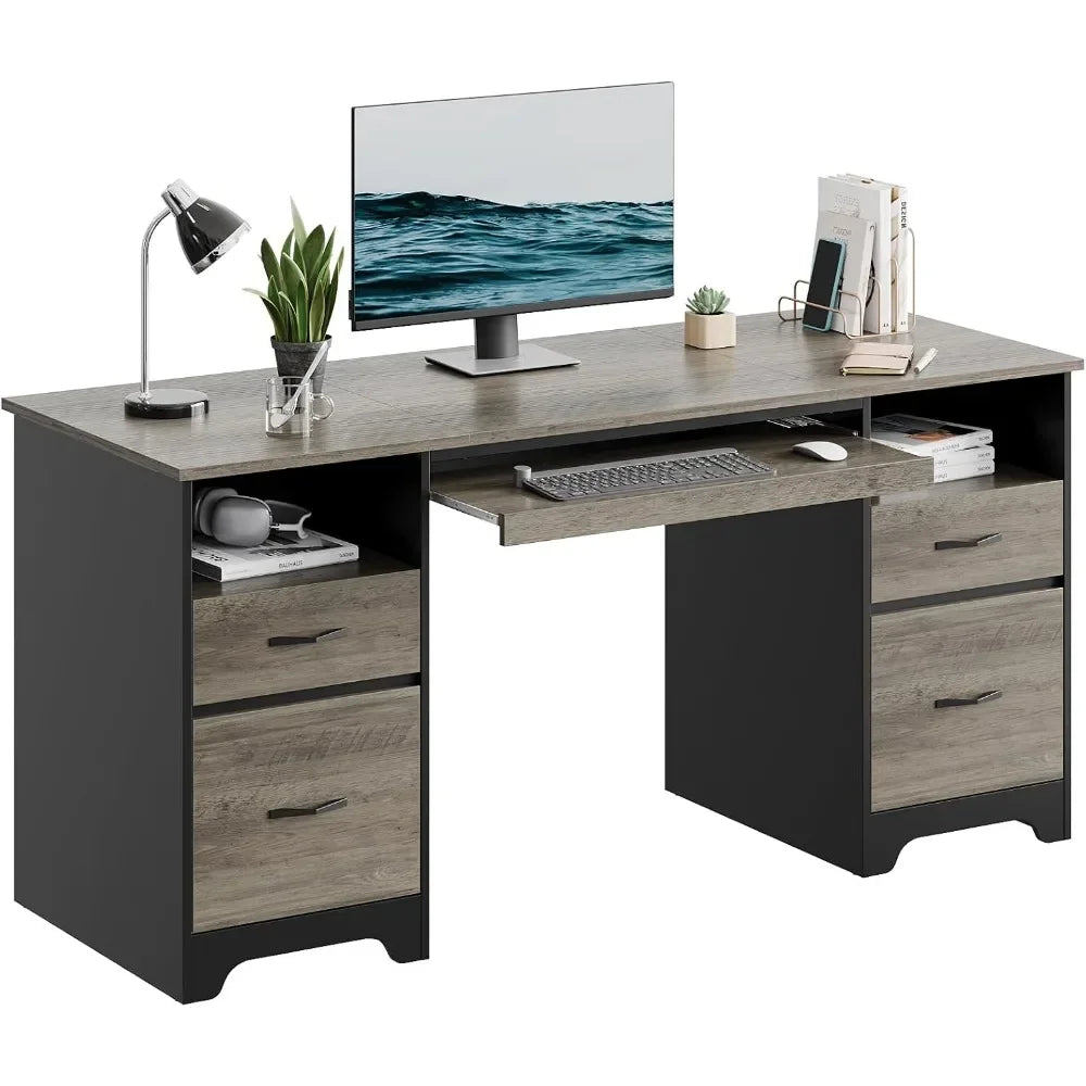 Computer Desk with 4 Drawers, Office Desk with Storage, Industrial Executive Desk with File Drawer, Keyboard Tray & 2 Pedestals