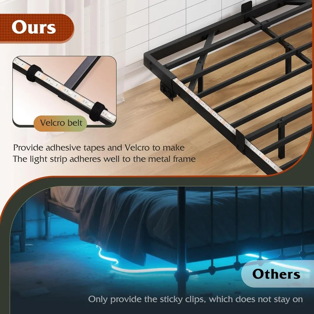 Queen Size LED Metal Bed Frame with Charging Station & Heavy-Duty Steel Slats