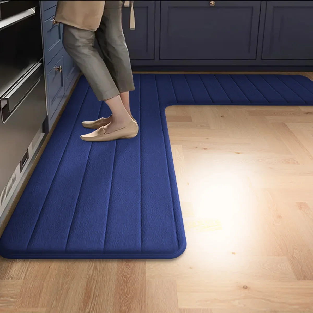 Long Striped Kitchen Floor Mat L-shaped Flannel Water Absorbent Bathroom Carpet Rug Non-slip Toilet Shower Mat Corner Doormat