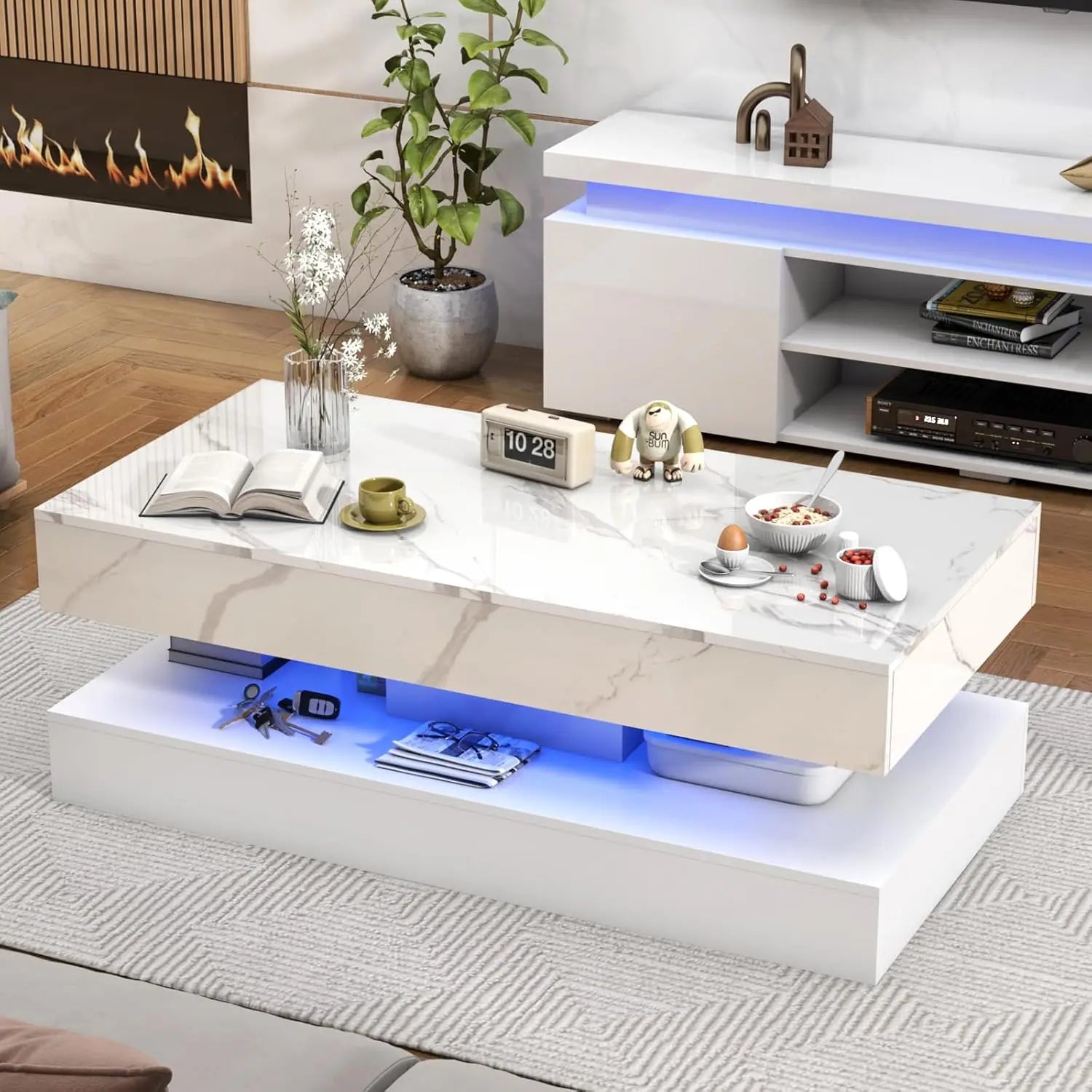 Modern LED Coffee Table with Double-Layer Design & Dual Storage Drawers