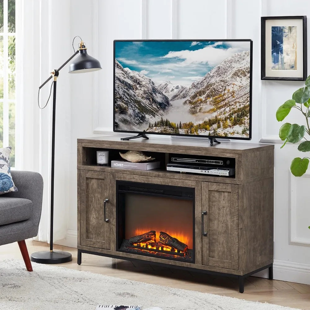 Fireplace TV Stand for TVs Up to 65 Inches, Farmhouse Entertainment Center with 23" Fireplace & LED Lights, Rustic Media Console