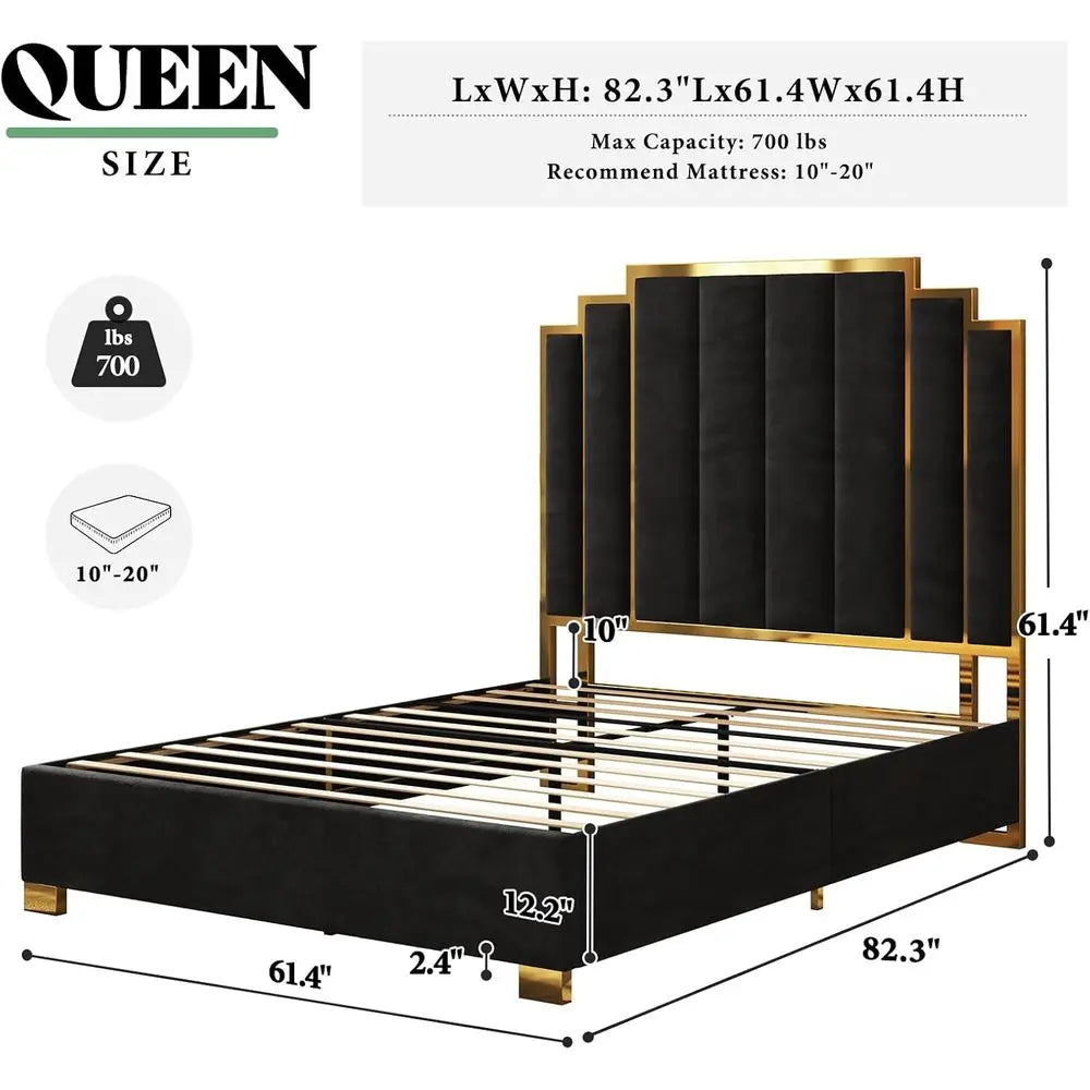 Modern Velvet Queen Bed Frame – 61.4″ Tall Gold Headboard (Black)