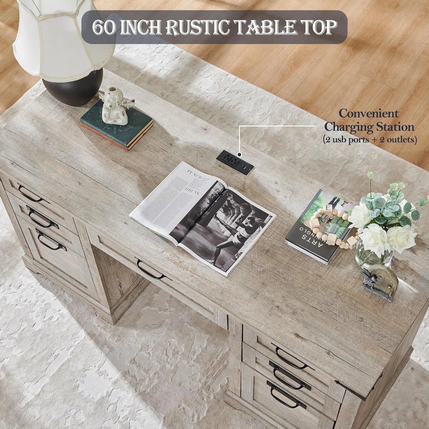 Farmhouse Executive Desk with Drawers, Wood Home Office Desk w/Charging Station, Keyboard Tray, File Drawer, Storage Cabinet