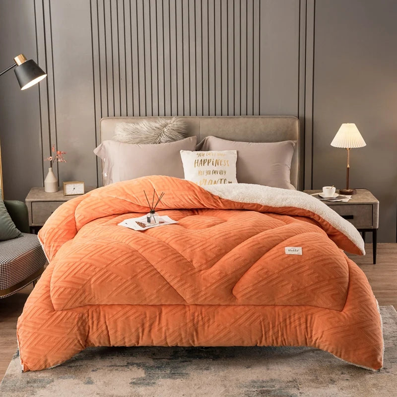 Embossed Velvet Thickened Warm Winter Comforter Soft Solid Color Coral Fleece Weighted Blanket for Bed Queen Size Sleeping Quilt