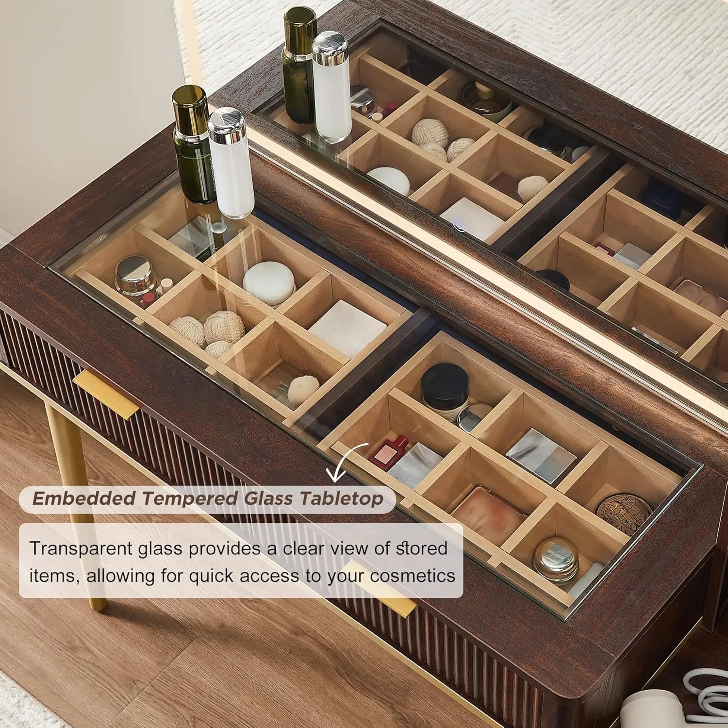 Fluted Makeup Vanity Desk 48' with HD Lighted Mirror, 5 Drawers & Shelves, Glass Top, Dark Walnut