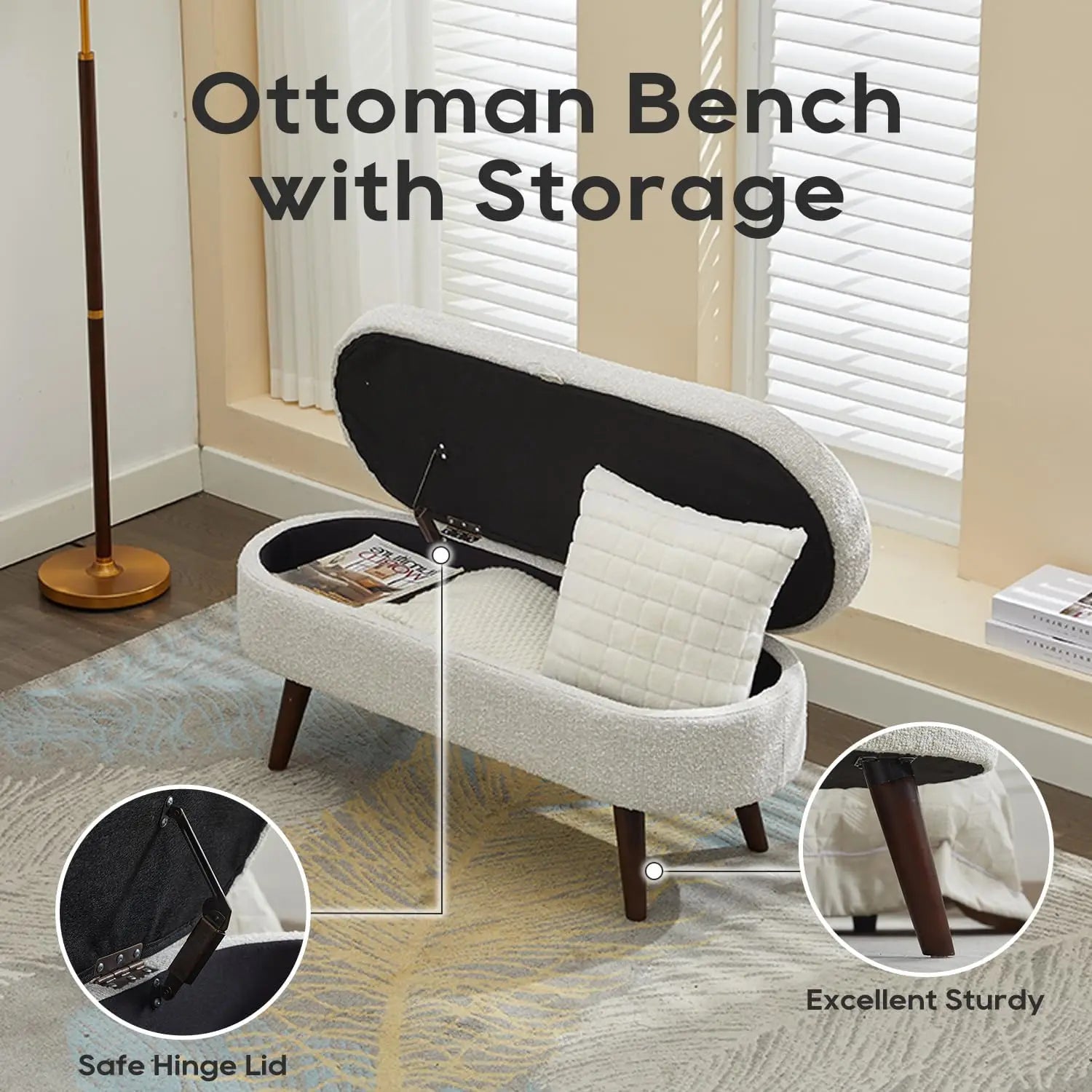 Bouclé Storage Ottoman Bench – 43.8″ Oval Flip-Top with Wood Legs