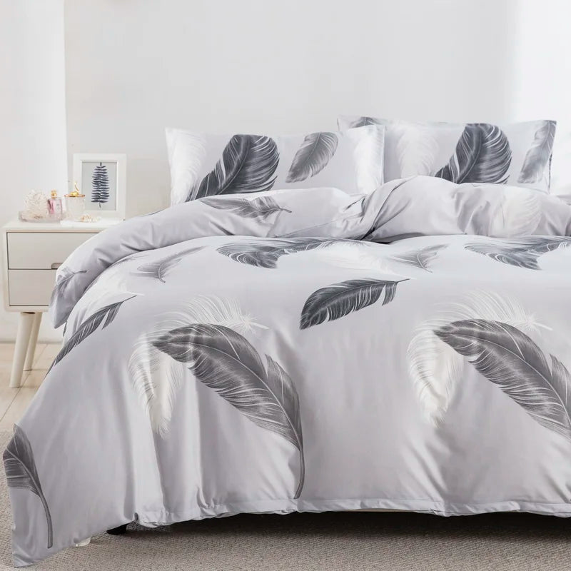 Grey Feather Duvet Cover Full Queen Bird Plume Boho Bedding Set Luxury Soft Reversible White Comforter Cover for Kids Girls Teen