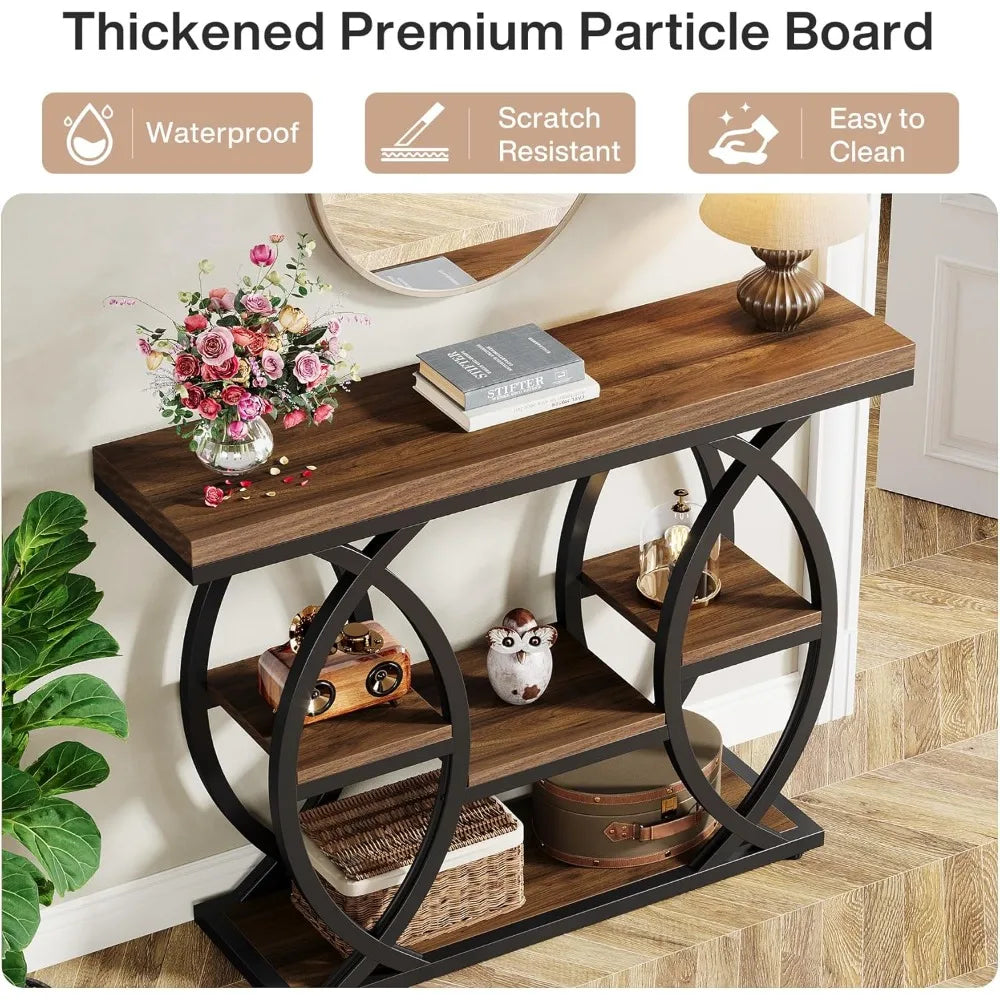 39.4"Console Table, Industrial 4-Tier Sofa Table Entryway Table with Storage Shelves, Narrow Wood Accent Tables with Metal Frame