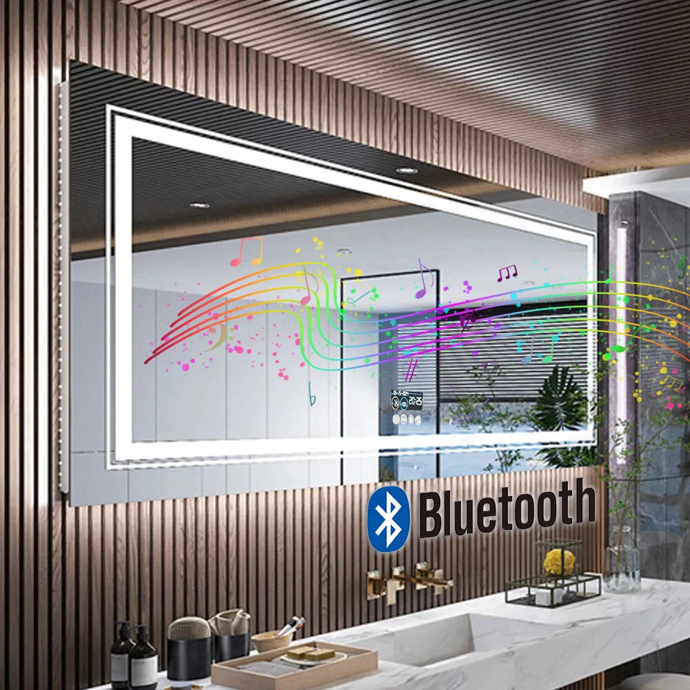 LED Bathroom Mirror with Lights Vanity Make Up Mirror Dimmable, Smart Bluetooth Digital Display 3 Colors Memory