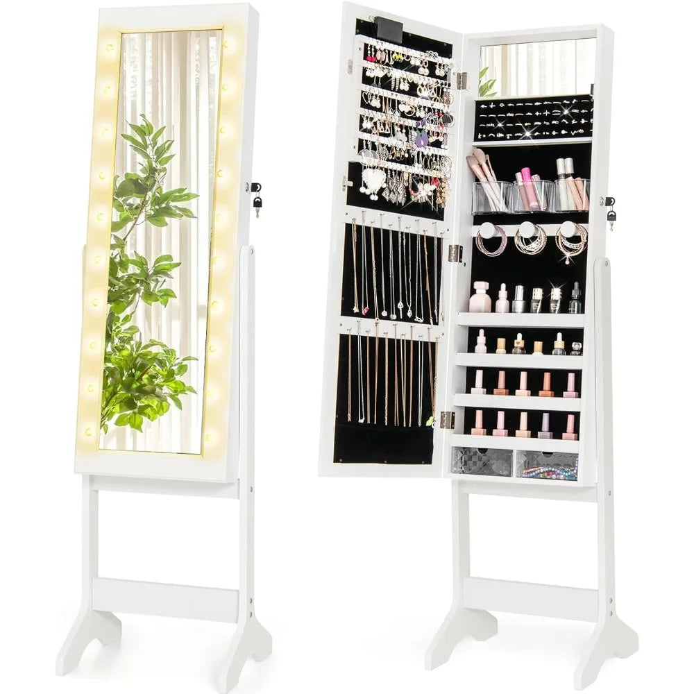 Standing Jewelry Armoire with Lighted Full Length Mirror, Lockable Jewelry Cabinet Organizer with 20 LED Lights