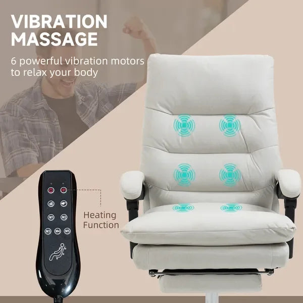Vinsetto Heated Massage Office Chair Microfibre Reclining Vibration Footrest Armrest Cream White