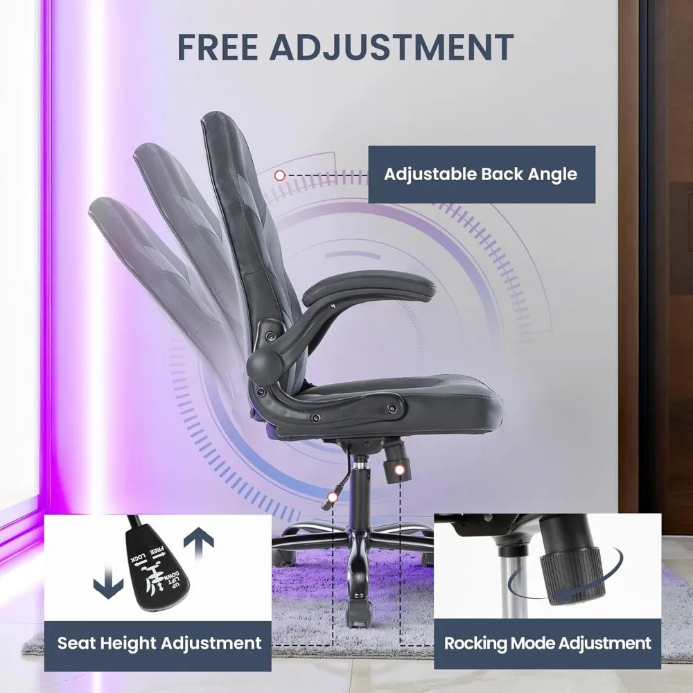 Ergonomic Gaming Desk Chair - Adjustable PU Leather Swivel Racing Chair with Flip-up Armrests for Home Office and Entertainment,