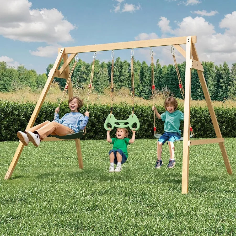 All-Spruce Wooden Swing Set – Backyard Playground with 2 Belt Swings & Trapeze
