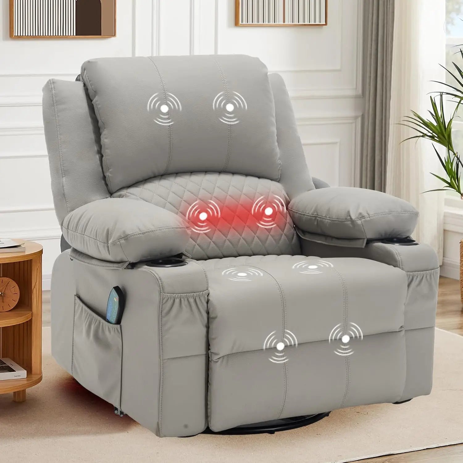 Leather Massage Recliner Chair with Heat Cup Holders for Adults, Thickly Padded Overstuffed Rocking Glider Chair, Swivel Rocker