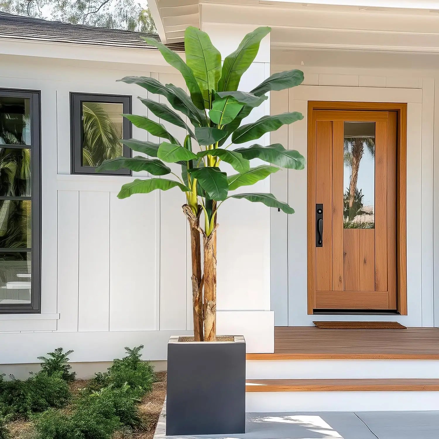 Artificial Banana Tree 7FT/6FT/5FT, Faux Banana Tree with Grey Planter, Artificial Plants with Fake Banana Leaves Plant for Home
