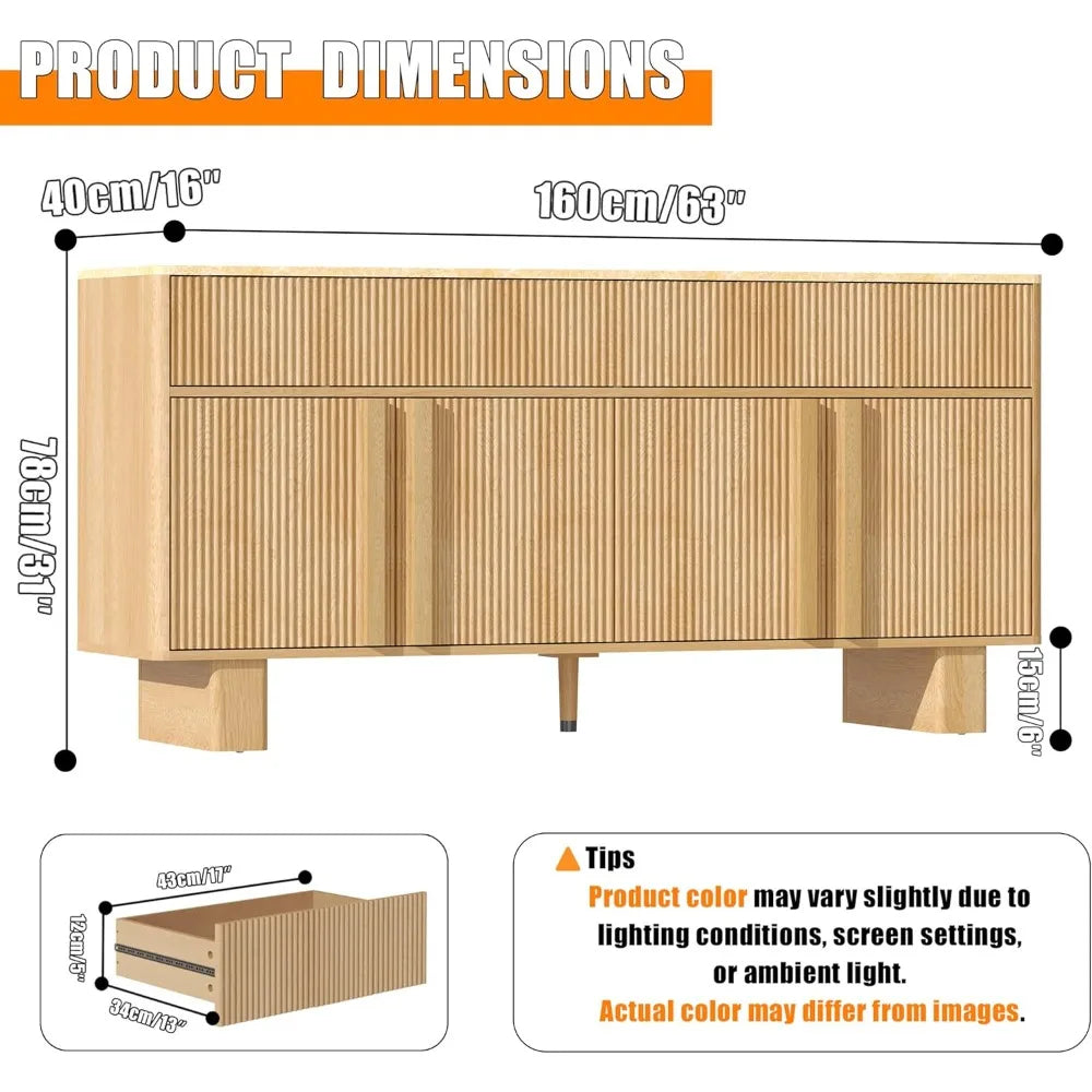 63" Wide Sideboard Buffet Cabinet with Storage, Modern Buffet with 3 Drawers and 4 Doors, Storage Cabinet with 2 Reinforced Legs
