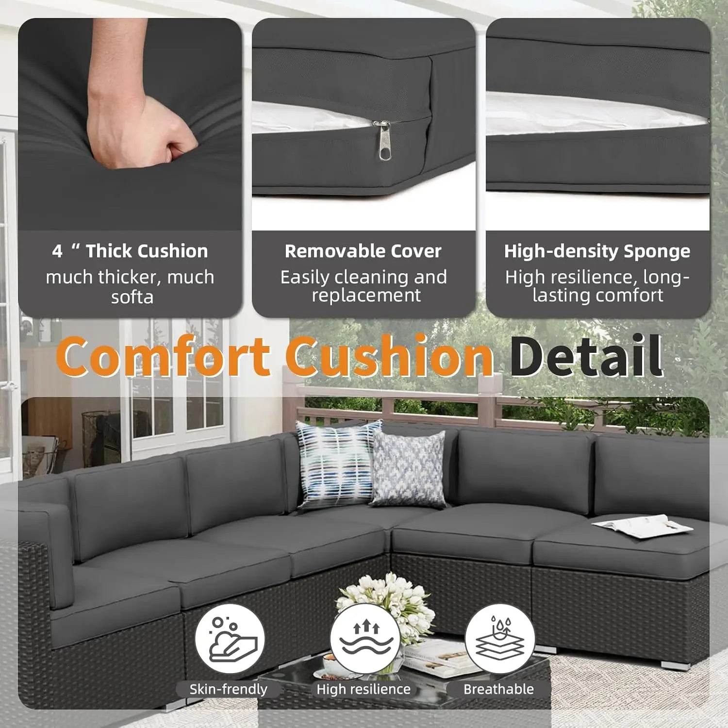 7-Piece Outdoor Black Rattan Wicker Sectional Conversation Sets Patio Furniture Sofa Set with Cushions and Glass Top Table(Grey)