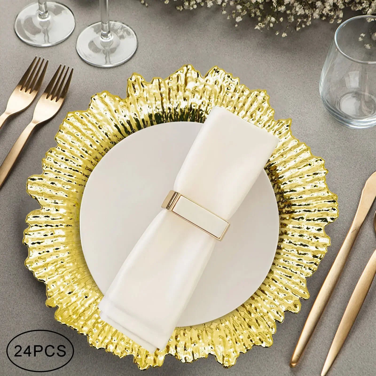 24PCS Gold Charger Plates – Round Reef Design Decorative Table Setting Plates