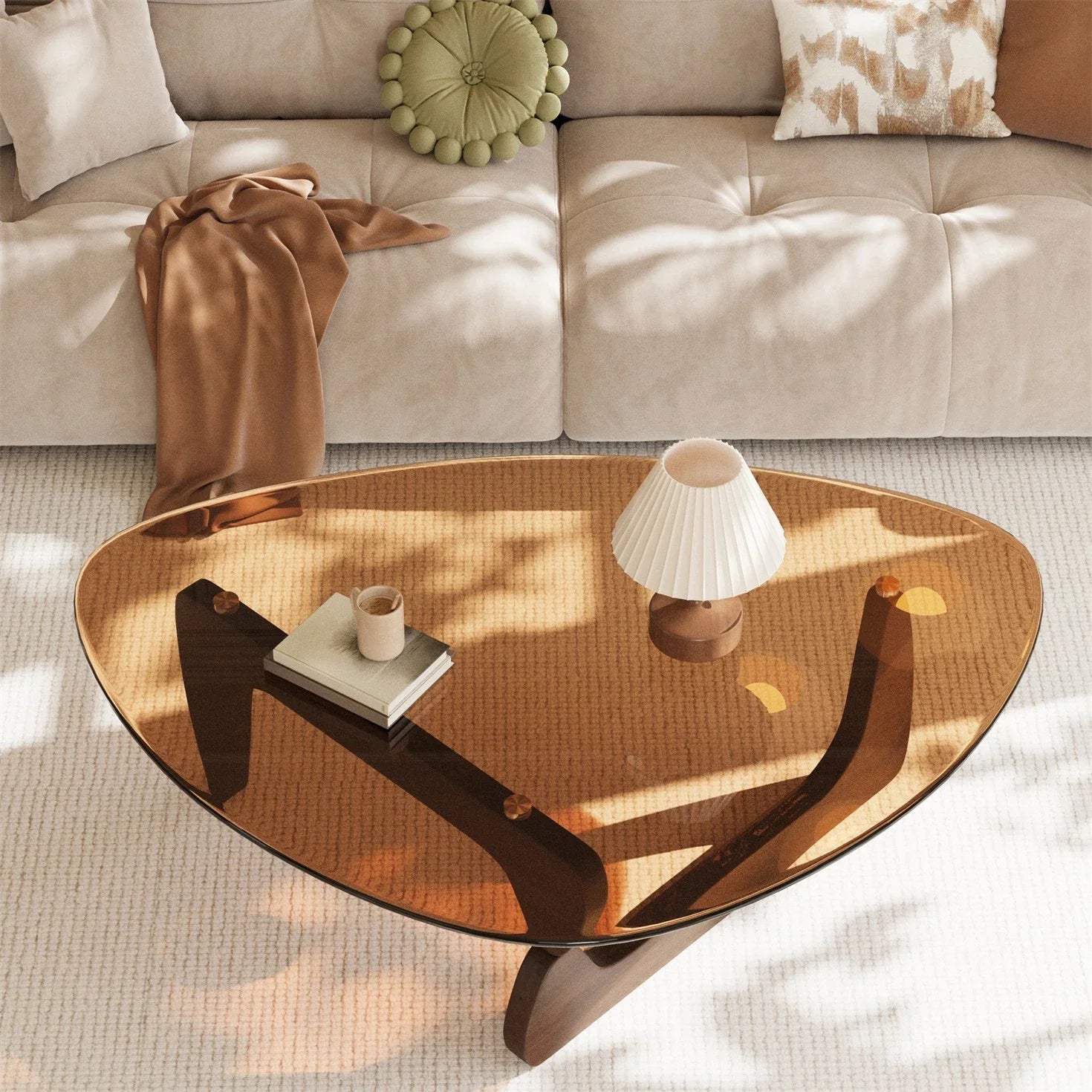 Modern Irregular Accent Coffee Table – Amber-Tinted Tempered Glass Center Table