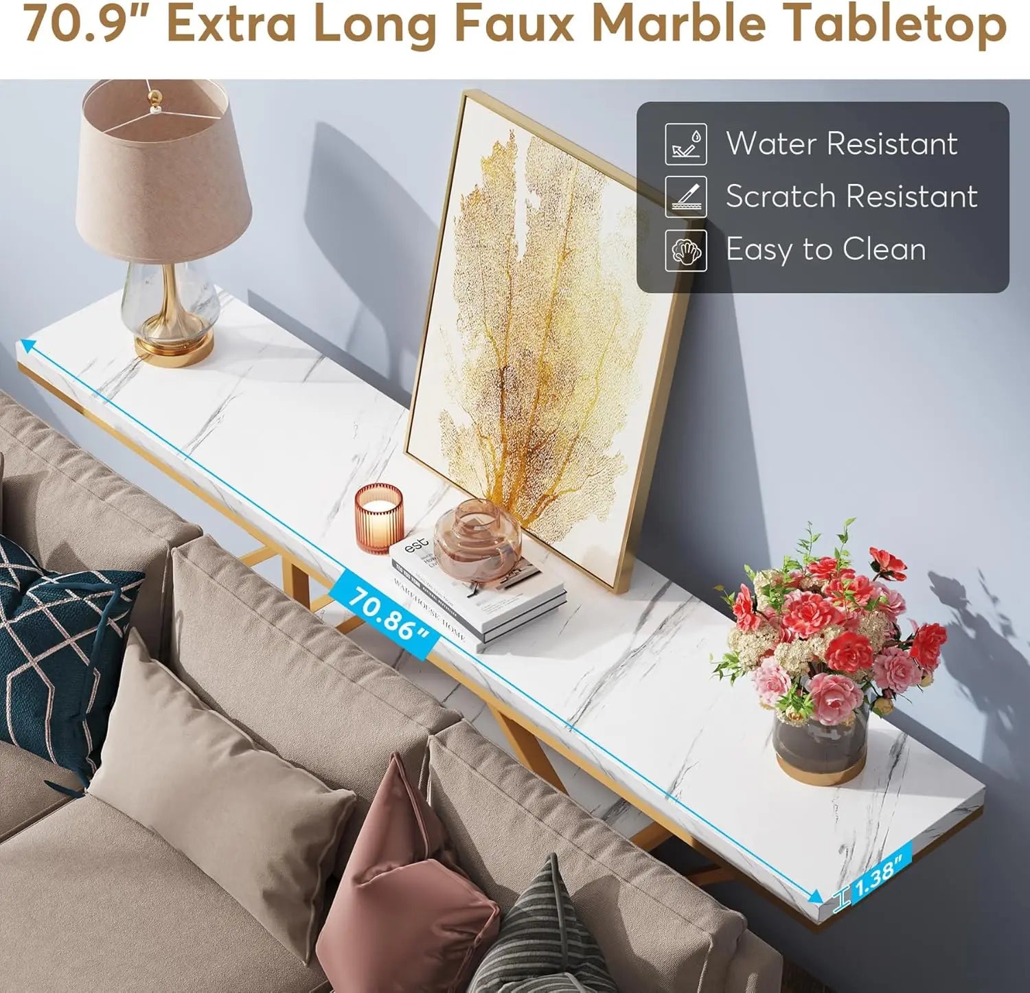 70.9' Modern Gold Console Table with Storage, Faux Marble White Sofa Table for Living Room, Entryway, Hallway