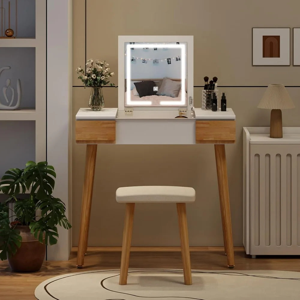 Makeup Vanity Desk with Flip-top Mirror and Lights, 3-in-1 Makeup Vanity Table with 2 Drawers and Cushioned Stool, Writ