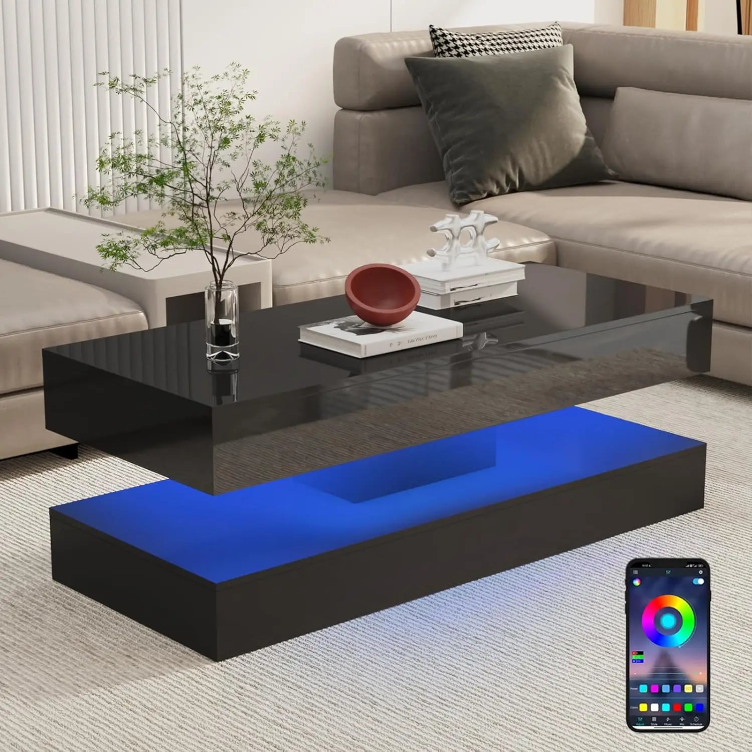 Modern LED Coffee Table with Double-Layer Design & Dual Storage Drawers