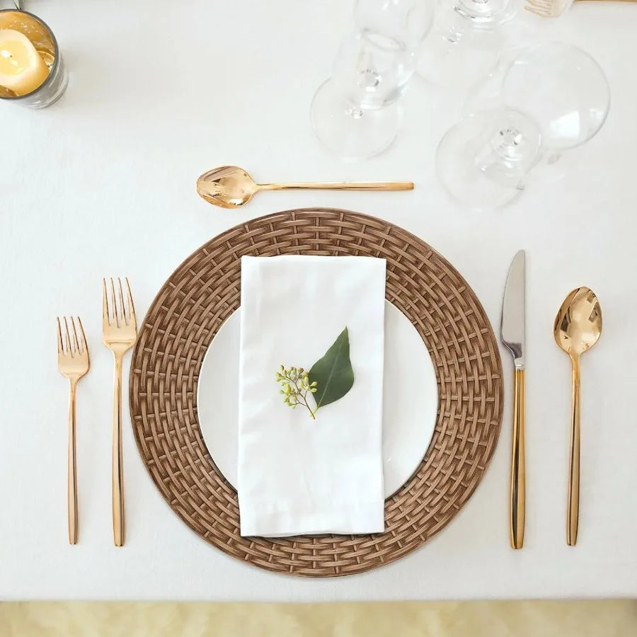 Faux Rattan Charger Plates – Set of 12, 13″ Round Brown Table Chargers