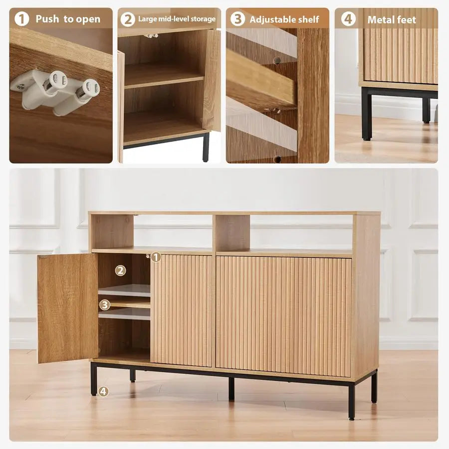 Fluted Sideboard Buffet Cabinet with Storage, Coffee Bar Console Cabinet with 4 Doors and Adjustable Shelves, Modern Wood Creden