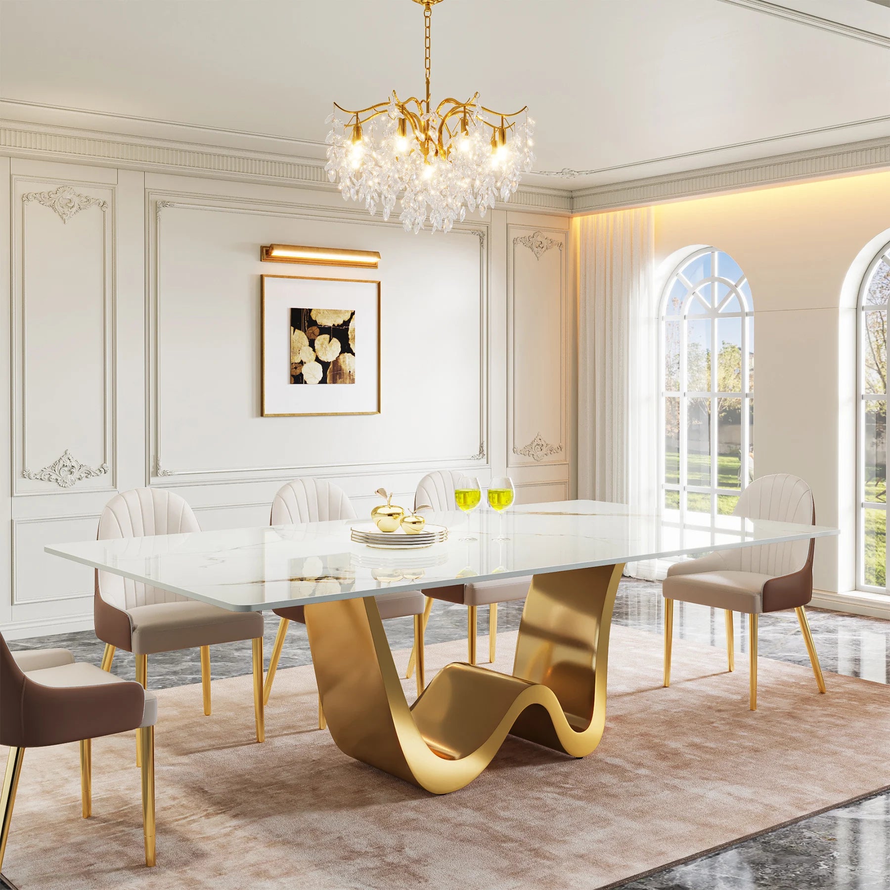 Tribesigns 78.74" Sintered Stone Dining Table for 6-8, Modern Rectangle Dining Table, Luxury White & Gold Kitchen Table