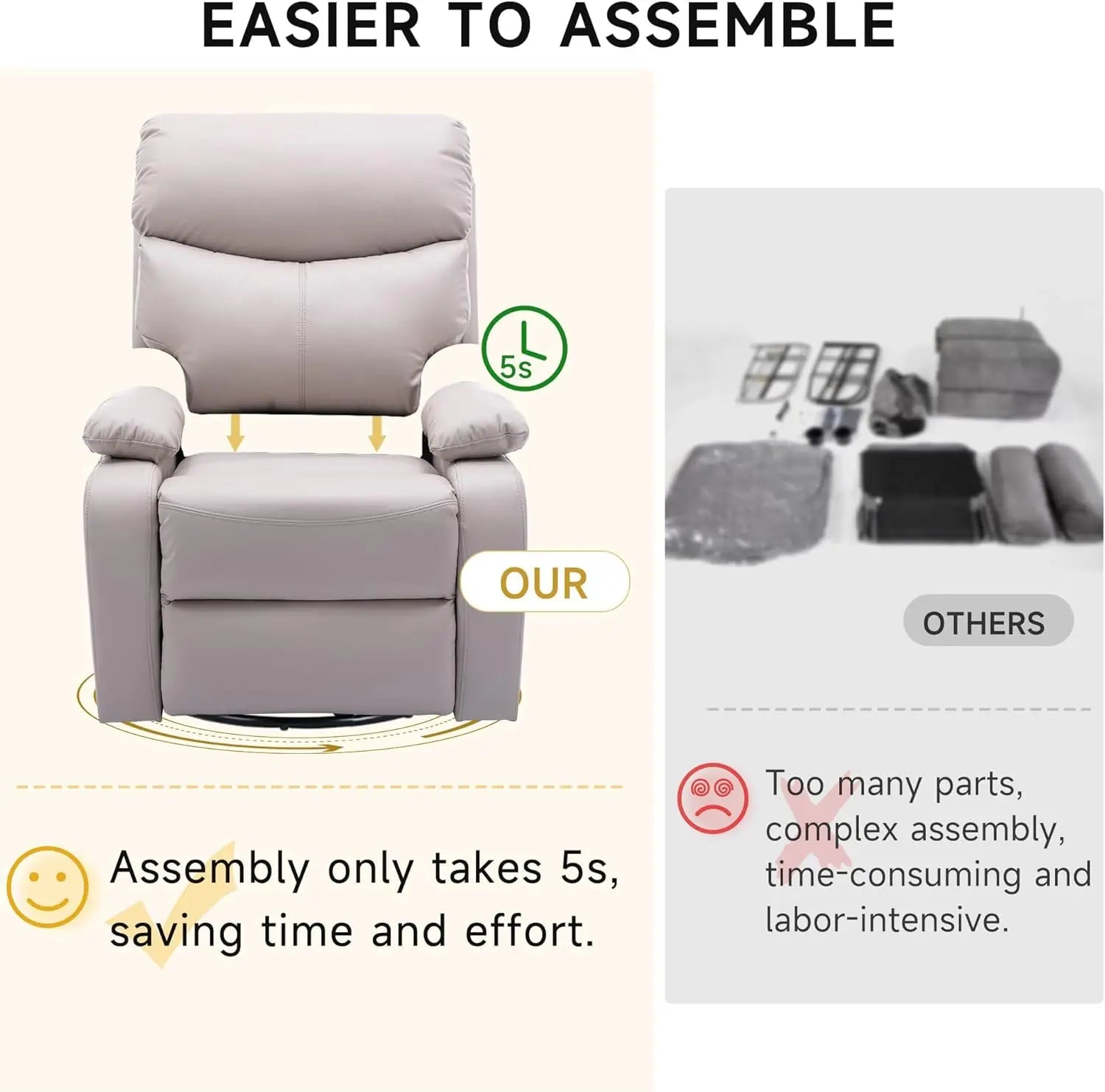 Swivel Rocker Recliner Chair for Adults, Glider Recliner Sofa for Nursery, Living Room, RV - Beige