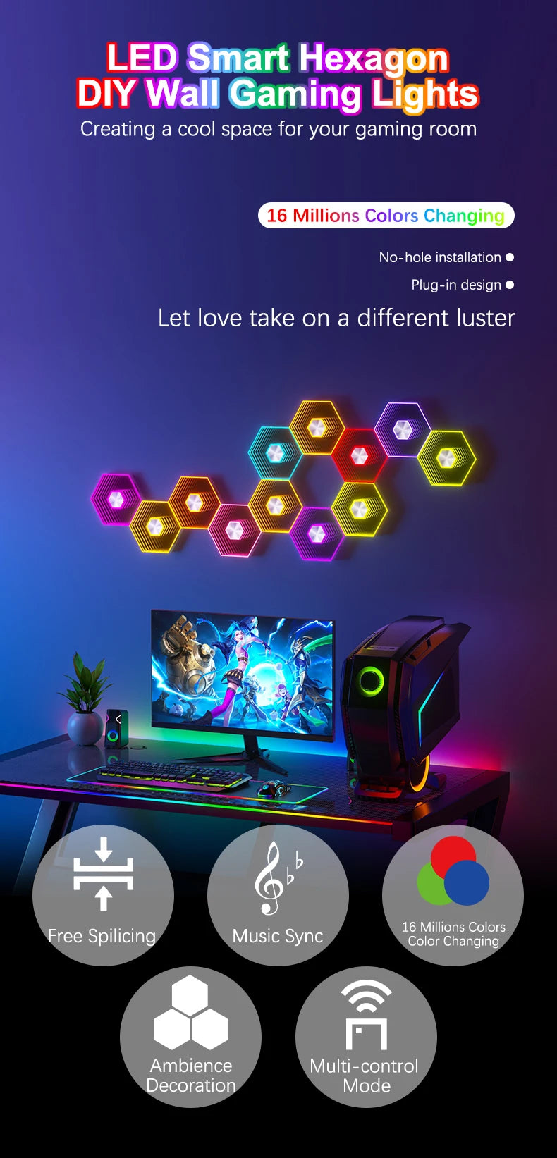 Bluetooth Quantum Lamp Smart App RGB Remote Control 5V Led Esports Atmosphere Light Background Wall Bedroom DIY Decor Wall Lamp
