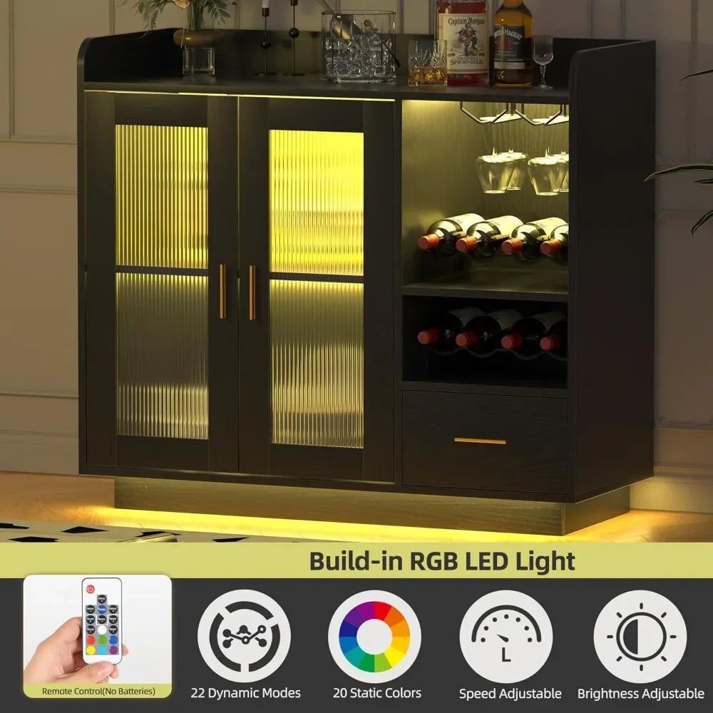 Wine Bar Cabinet with LED Light – Floating Coffee Cabinet with Wine & Glass Rack