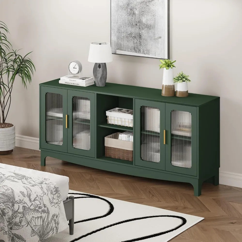 65 Inch Green TV Stand for TVs up to 70+ inch, Mid Century Modern Glass Door TV Console Table,Entertainment Center with Storage