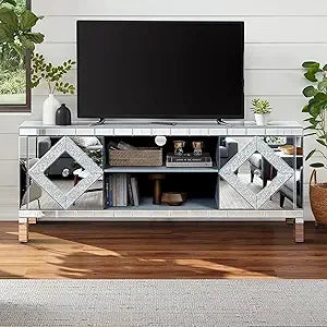 Mirrored TV Stand, Silver TV Cabinet with 2 Storage Cabinets and Open Shelves, 60" TV Cabinet for Living Room, Entertainment Cen