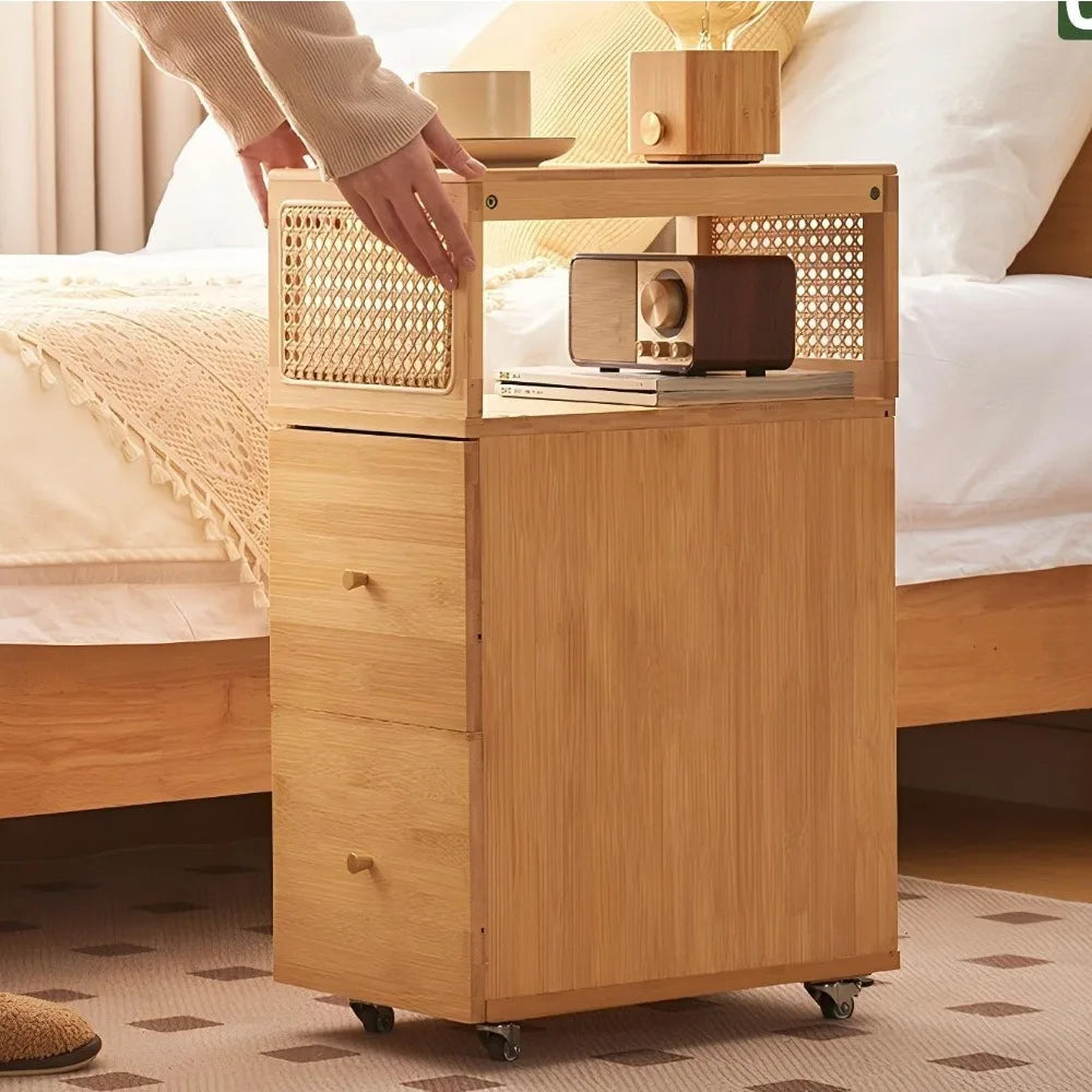 Slimline Bedside Table with Rattan Drawer and Open Storage for Coffee and Nighttime Use