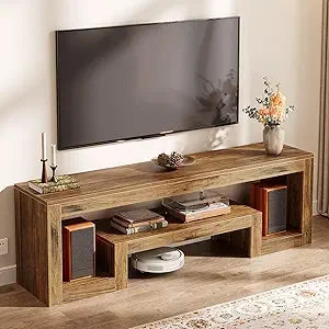 63-Inch TV Stand for 55/60/65/75-Inch TVs, Farmhouse Entertainment Center with Open Storage Shelves, Rustic Brown Television Co