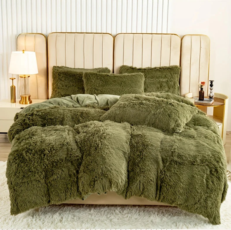 3-Piece Faux Fur Velvet Duvet Cover Set - Soft, Warm, Plush Bedding with Solid Color Design, 1 Duvet Cover and 1/2 Pillowcase, W