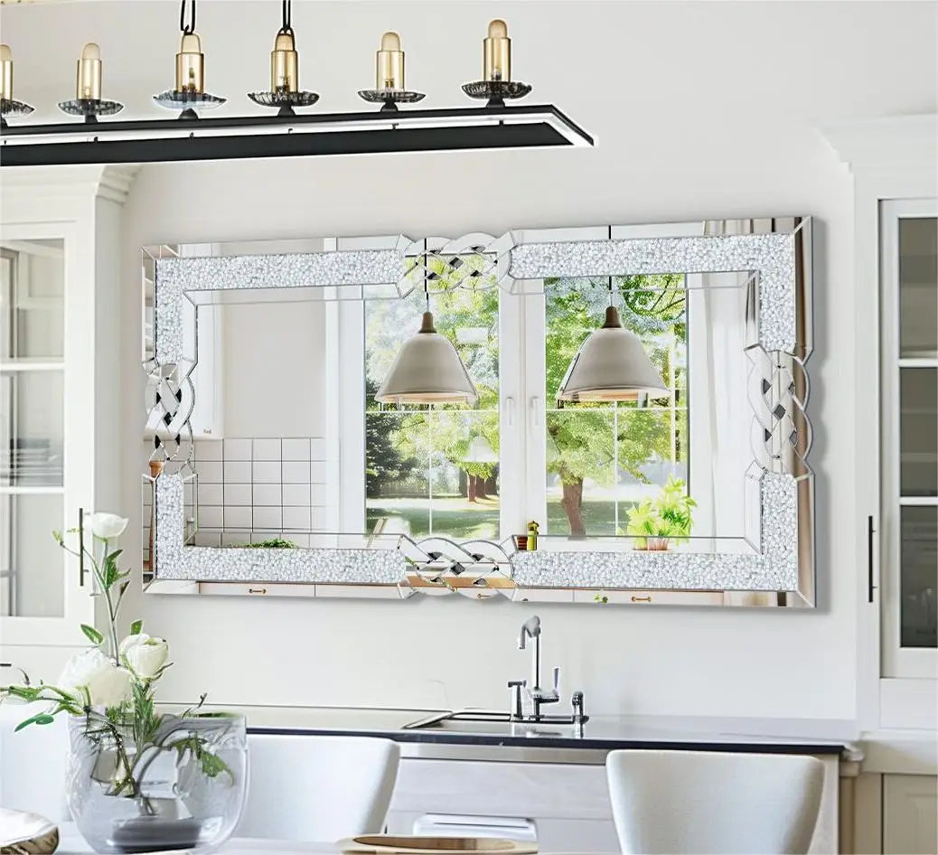 90/100/120CM Large Crystal Crush Diamond Mirror Vanity Silver Decorative Wall Hang Mirror for Bedroom Hallway Living Room