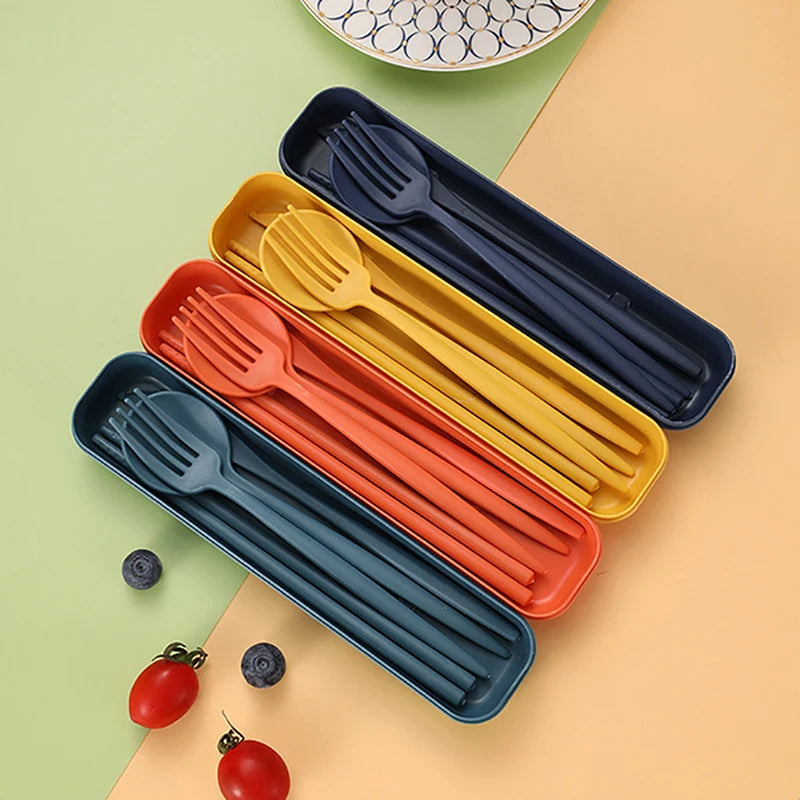 4Pcs Travel Cutlery Sets Portable Tableware Set With Box Chopsticks Fork Spoon Knife Wheat Straw Dinnerware Picnic Cutlery