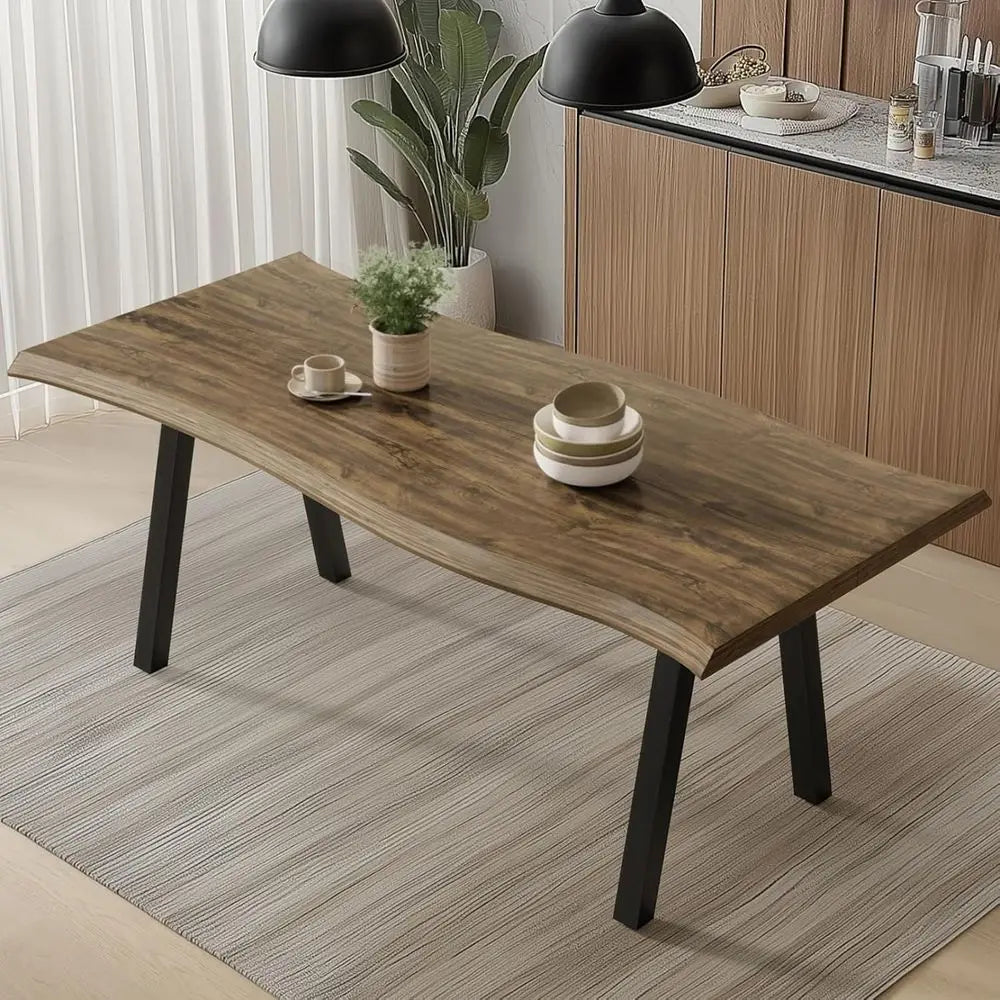 Rustic Rectangle Live Edge Dining Table, 70 L for 4-6, Modern Wood Kitchen Furniture, Metal Legs, Easy Assembly & Clean (Brown)
