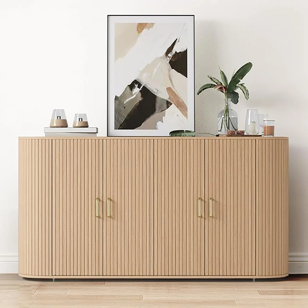 63" Sideboard Buffet Cabinet with Storage, Modern Fluted Accent Credenza with Adjustable Shelves, Wood Coffee Bar with Curved