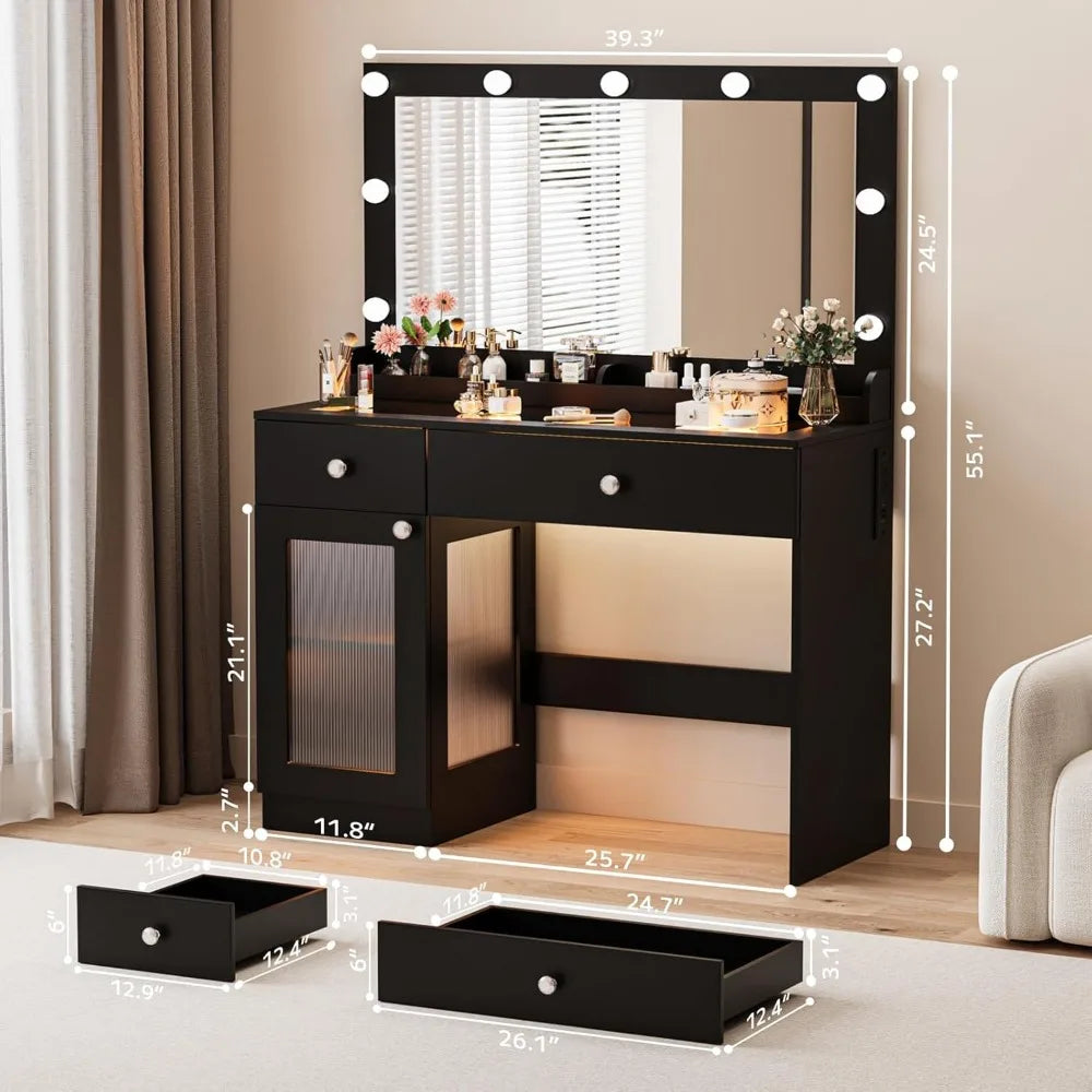 Black Vanity Desk with Mirror and Lights, 39.4'' Glass Top Makeup Vanity with RGB Cabinet Drawers Power Outlet 3 Color Light Mod
