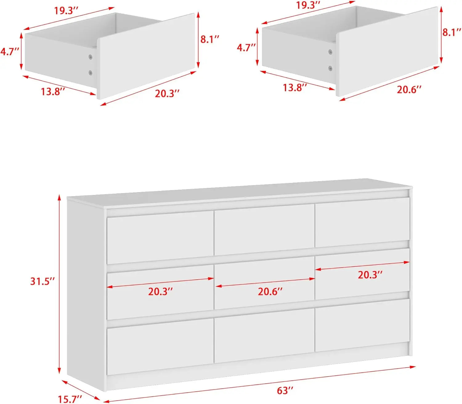 9 Drawer Dresser for Bedroom with Deep Drawers, Large Floor Wood Dressers & Chest of Drawers Handle Free