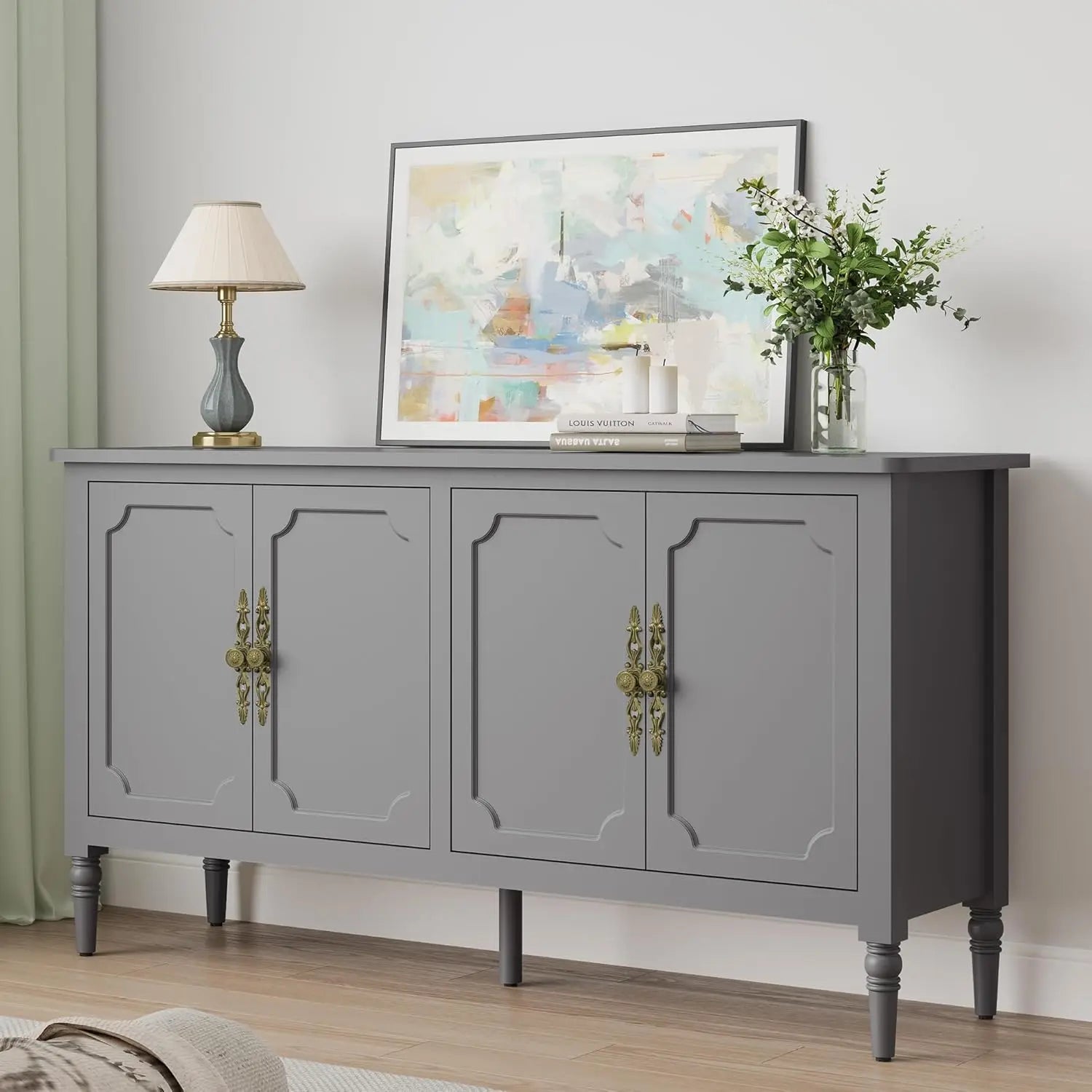 Large Sideboard with Storage, 58 Inch Modern Sideboard Buffet Table Coffee Bar Bar Storage Cabinet with Artistic Carved Handles