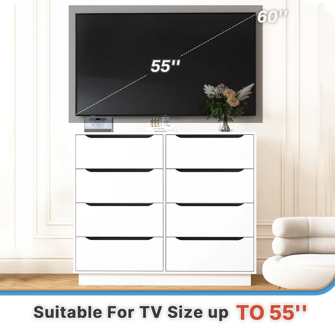 8 Drawers White Dresser for Bedroom, Modern Wood Chest of Drawers 8 Drawer Dresser with Groove Handles, for Living Room, Closet,