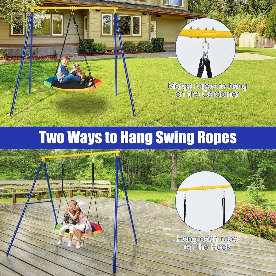 Heavy-Duty Metal A-Frame Swing Set – 40″ Saucer Swing with Adjustable Ropes
