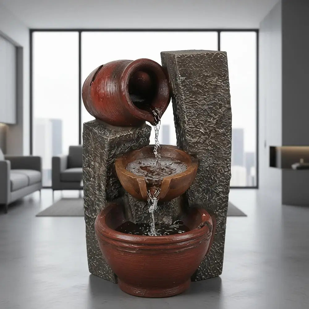 32 Farmhouse-Style Outdoor Water Fountain with Cascading Pitchers and Lights, Garden Decorative Water Feature